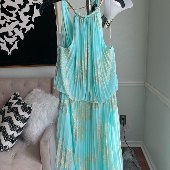 MSK Women's Gold Chain Halter Neck Maxi Woven Pleated Dress - Picture 5 of 15